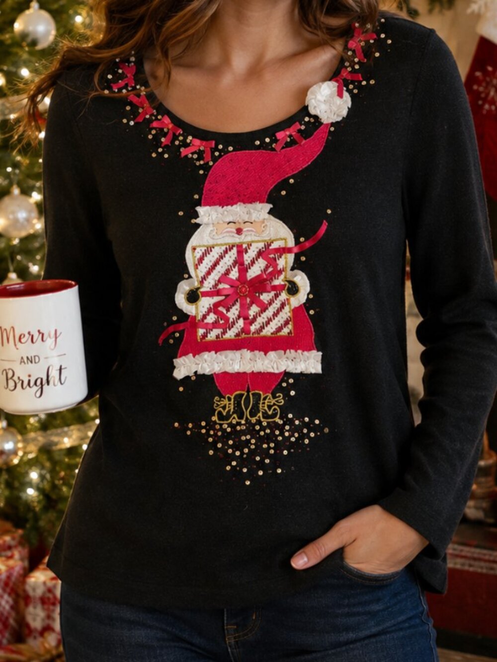 Berek Christmas Santa Sweater Black Embellished Sequins Bows Holiday Party L